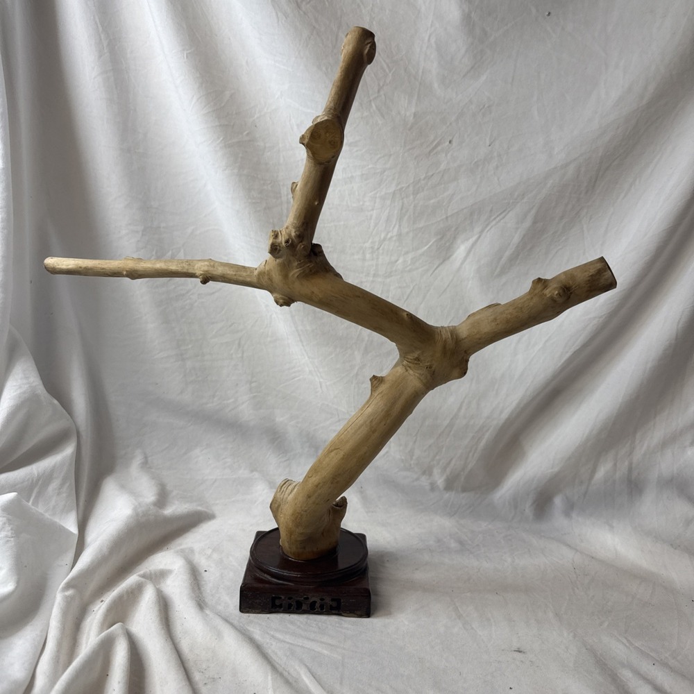 Vintage Natural Wood Tabletop Bird Perch Stand Asian Style Carved Base Display